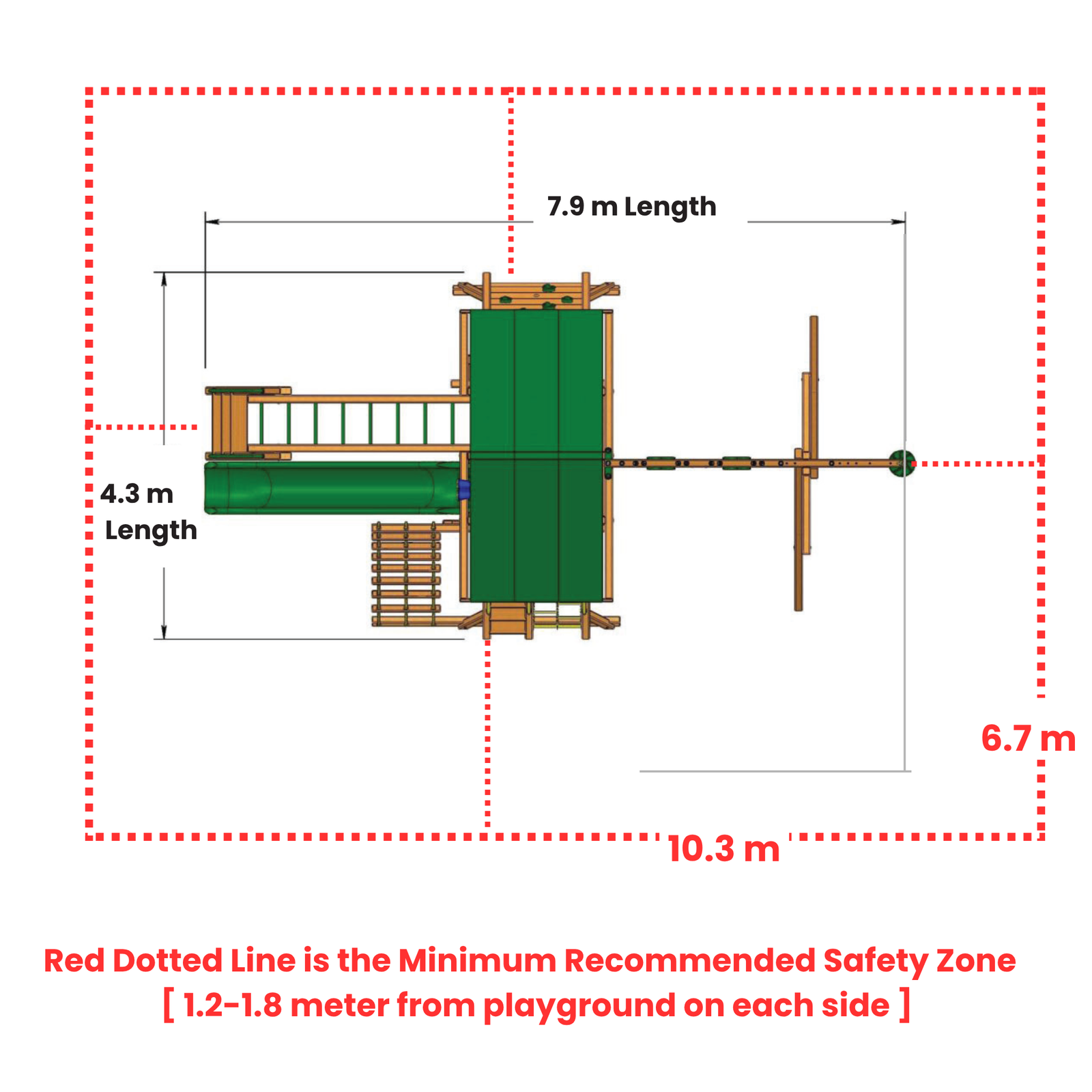 Diagram of a playground structure with dimensions and safety zone marking.