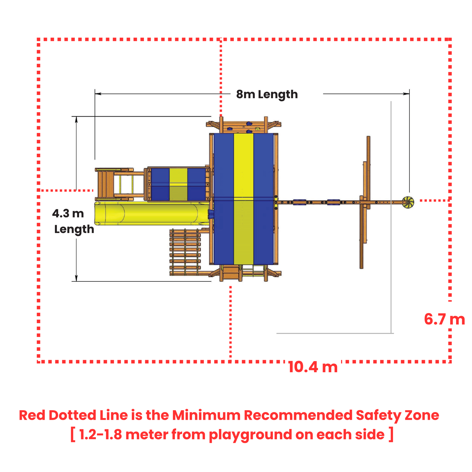 Diagram of a playground structure with dimensions and safety zone marking.