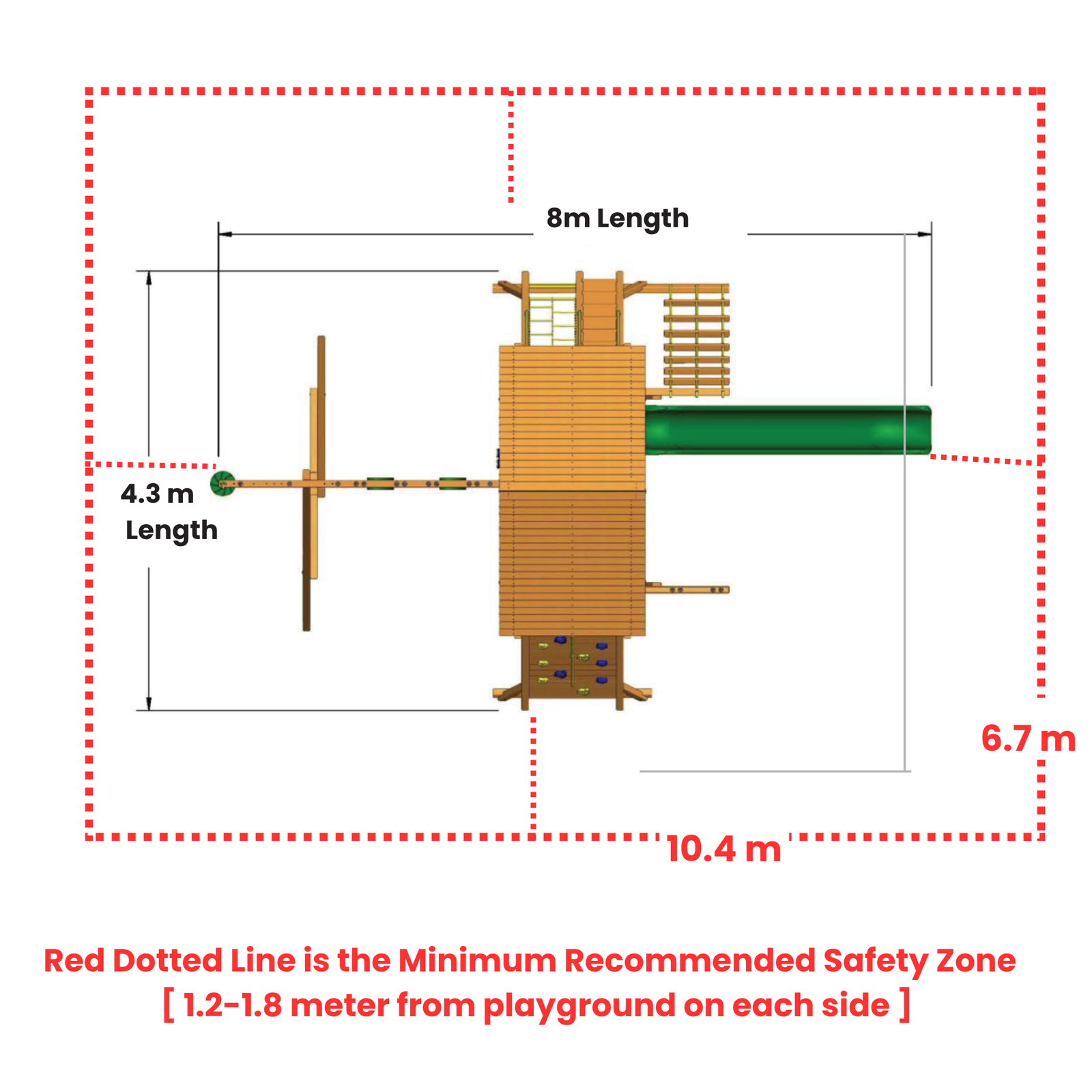 Diagram of a playground with dimensions and safety zone marking.