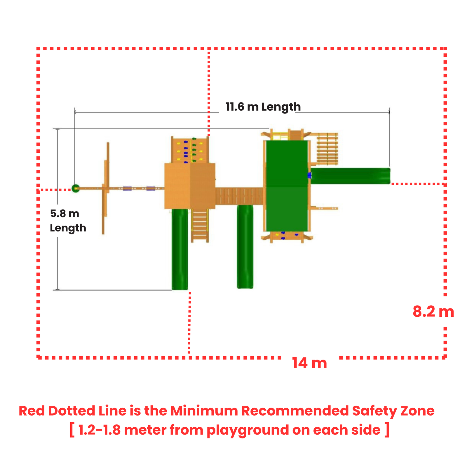 Diagram of a playground structure with dimensions and safety zone indication.