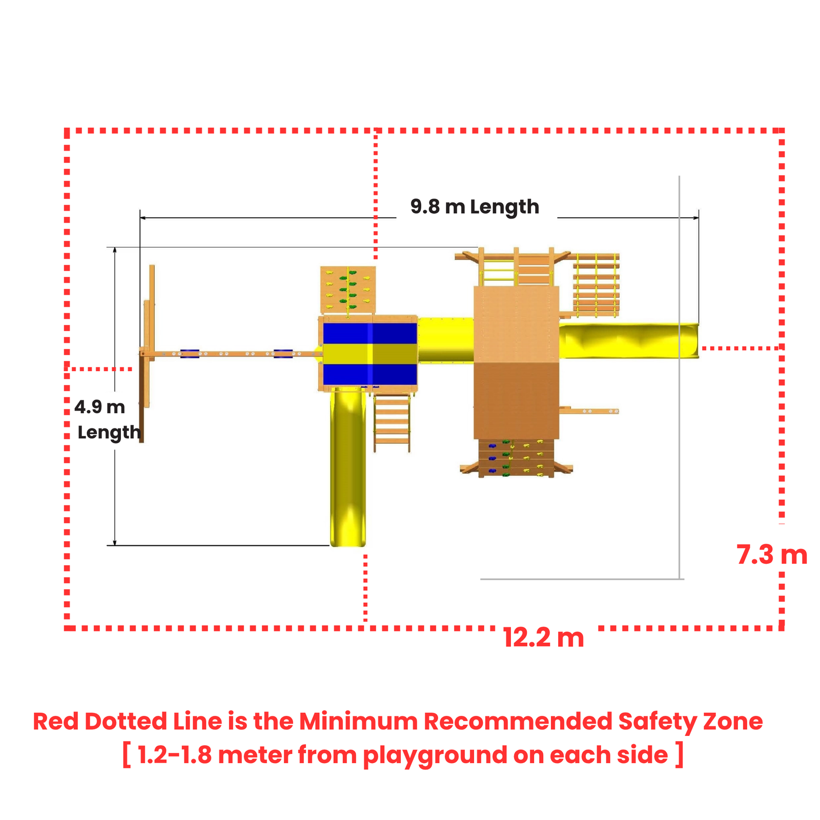 Diagram of a playground structure with dimensions and safety zone indication.