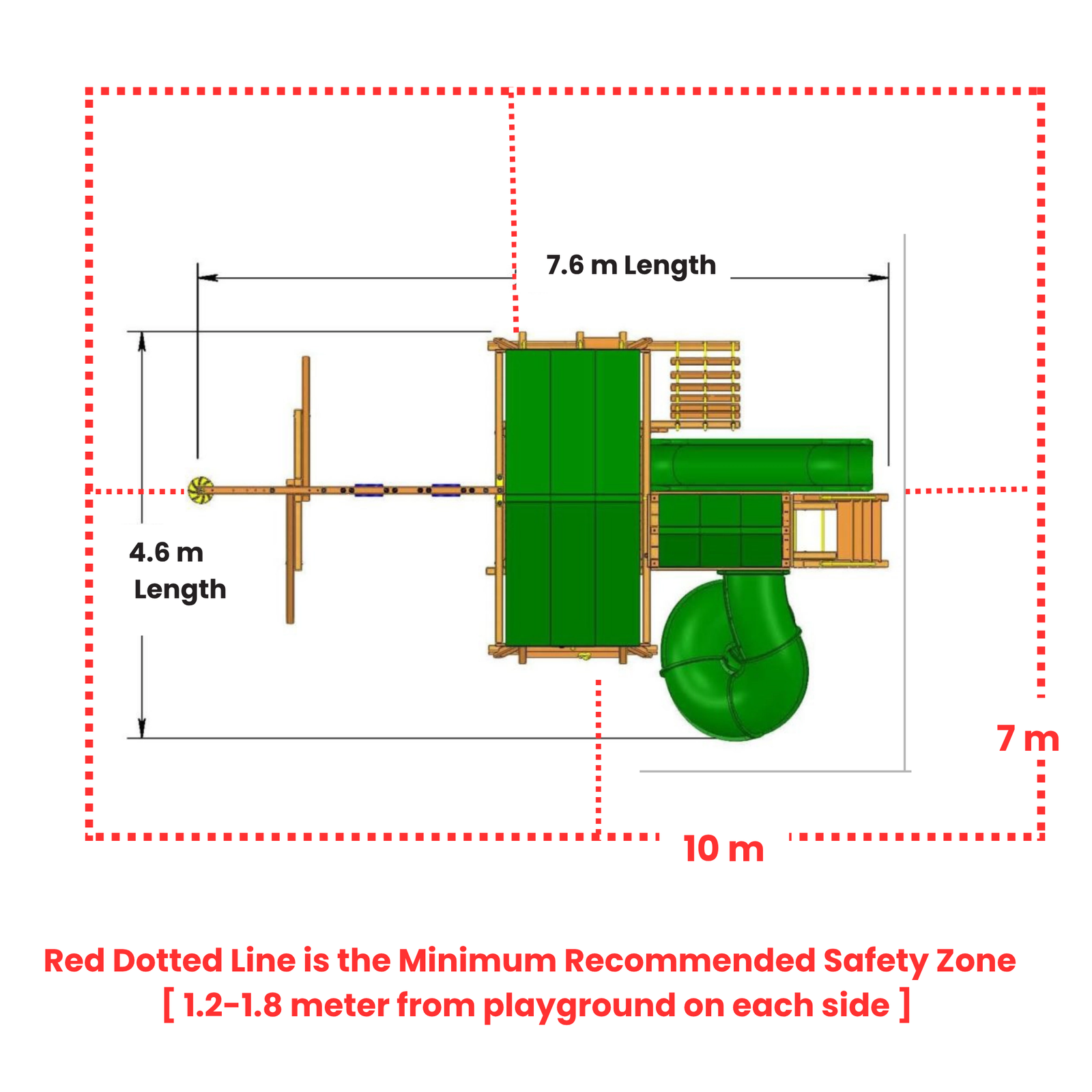 Playground structure with dimensions and safety zone indication