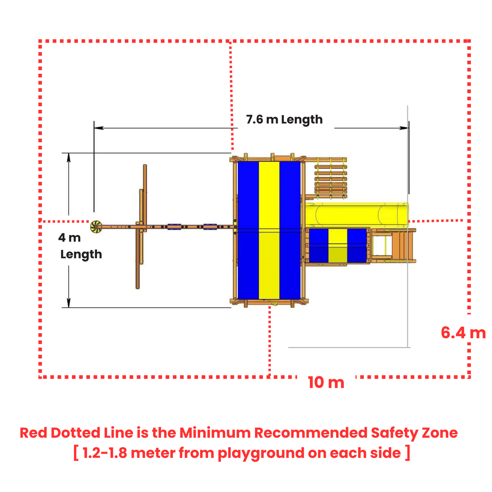 Diagram of a playground structure with dimensions and safety zone indication.