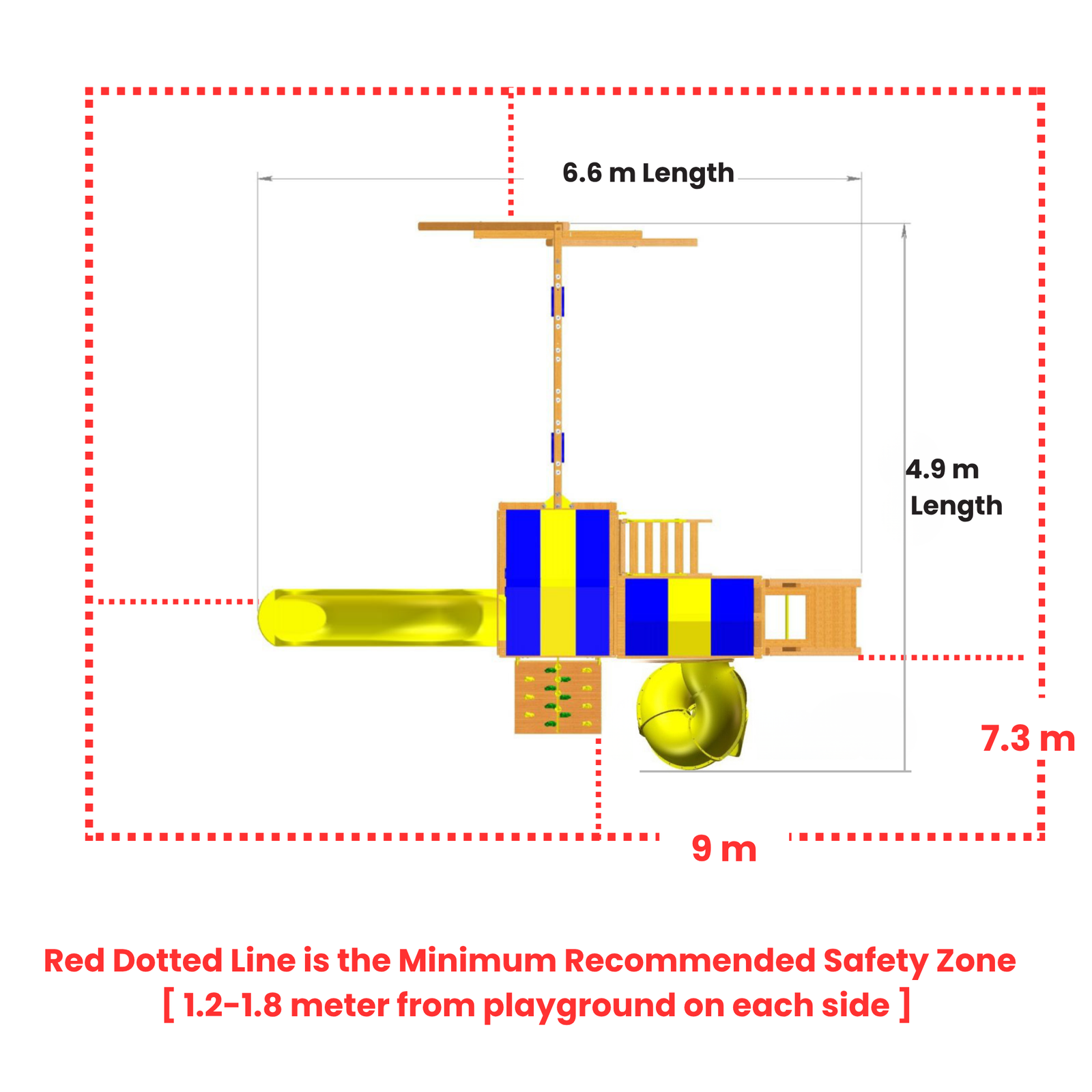A diagram of a playground structure with dimensions labeled.