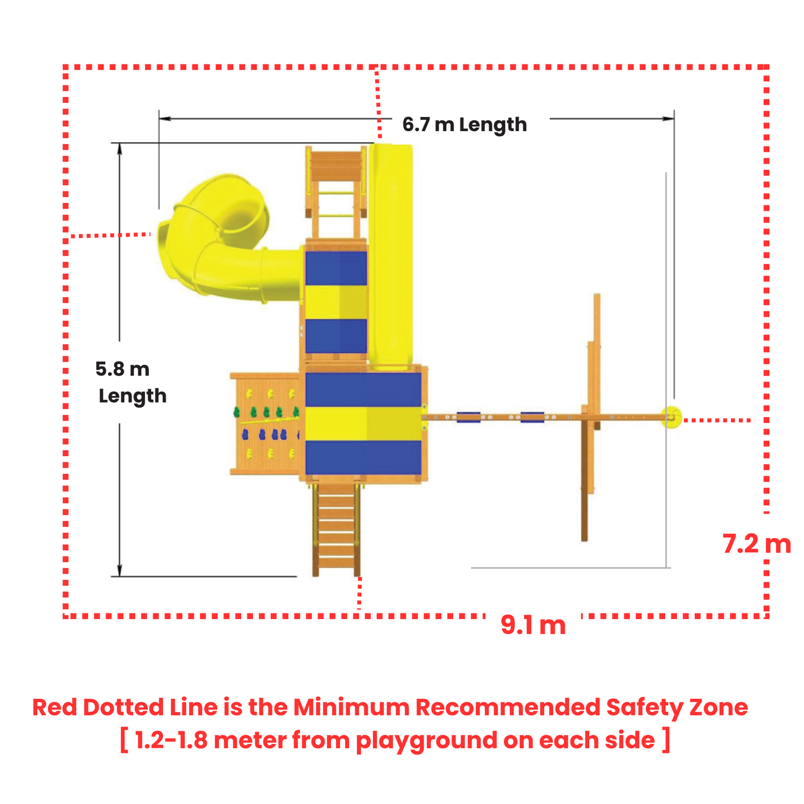Playground slide structure with dimensions and safety zone marking