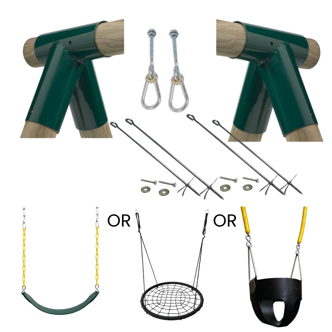 2 green swing corner brackets, 1 pair of swing hangers, x4 ground screws, and a choice of 3 different swings.