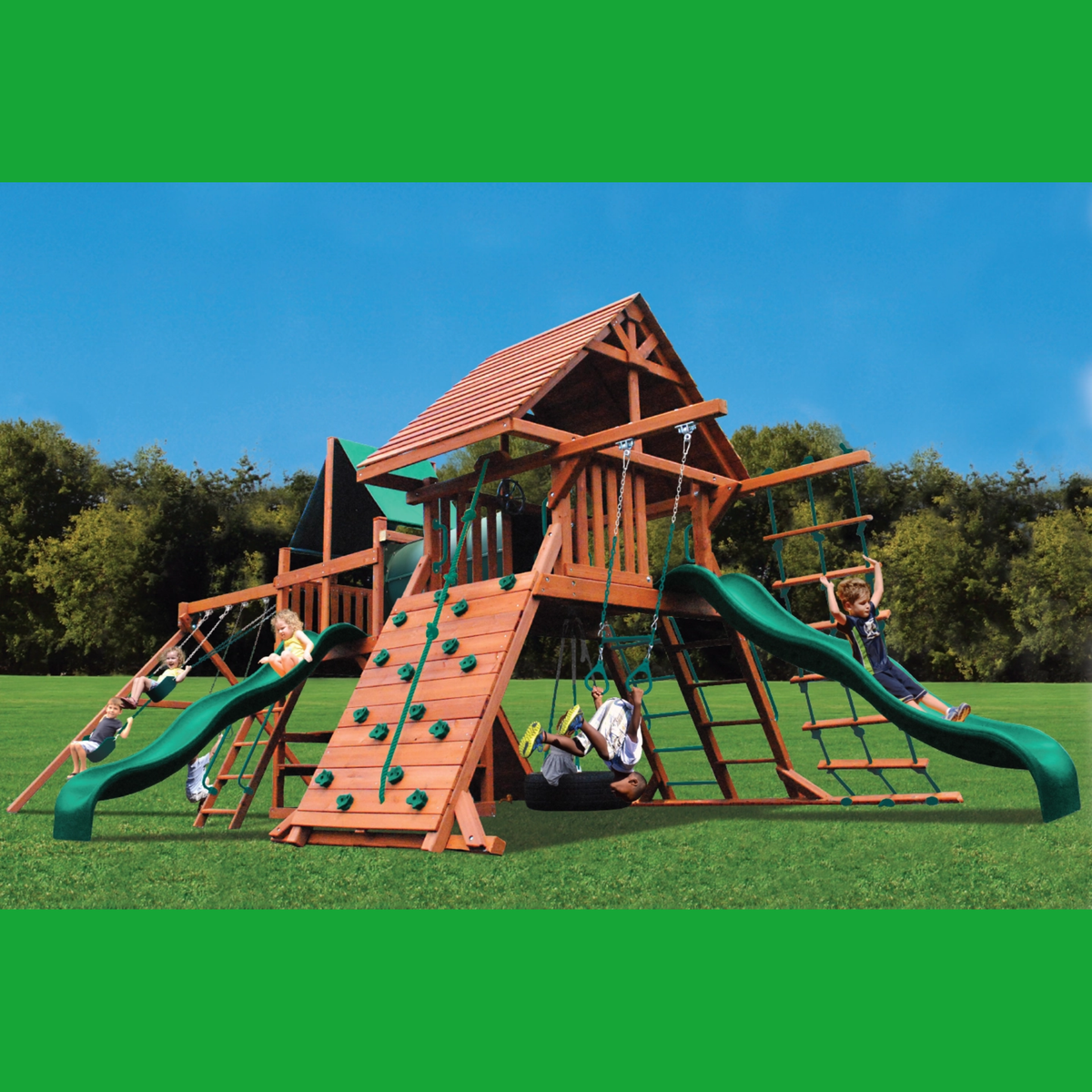 Children playing on a wooden playground set with slides and climbing structures.