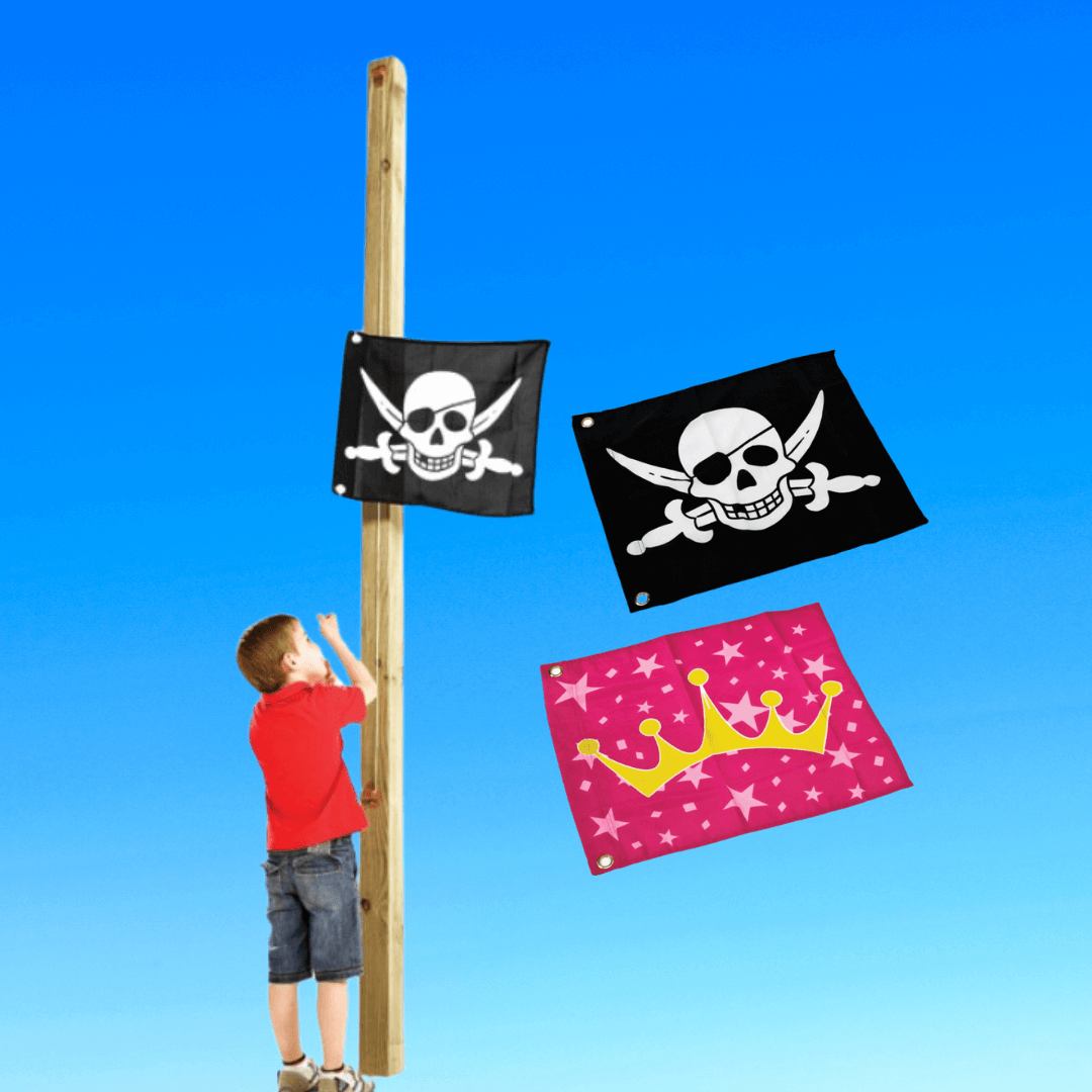 child hoisting pirate flag on post. optional flags, princess or pirate