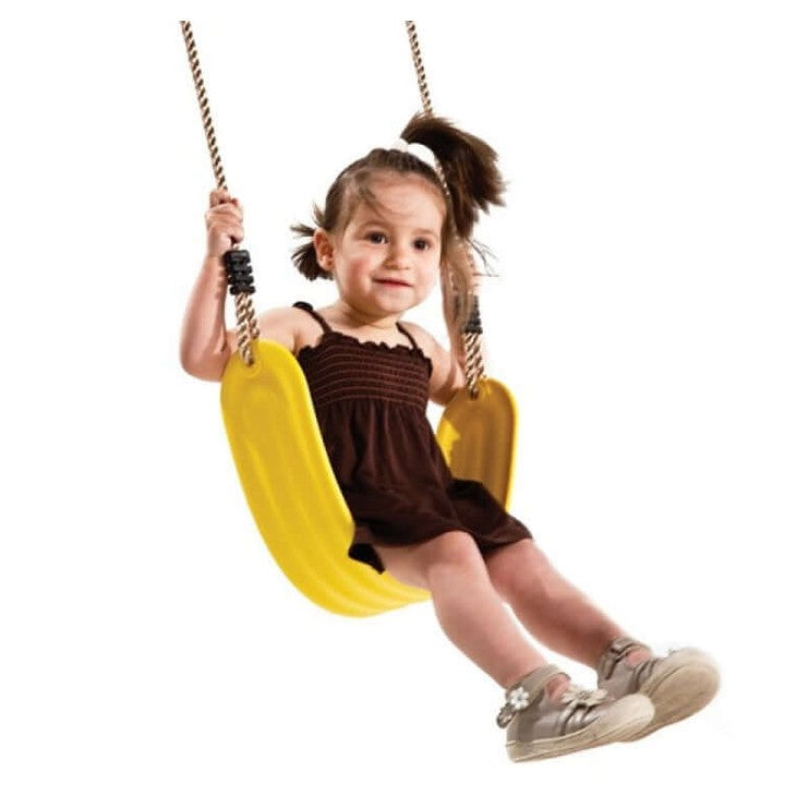 child winging on a yellow flexible wrap around belt swing in nz