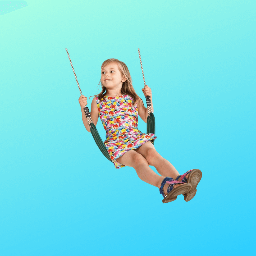 girl swinging happily on a green flexible belt swing