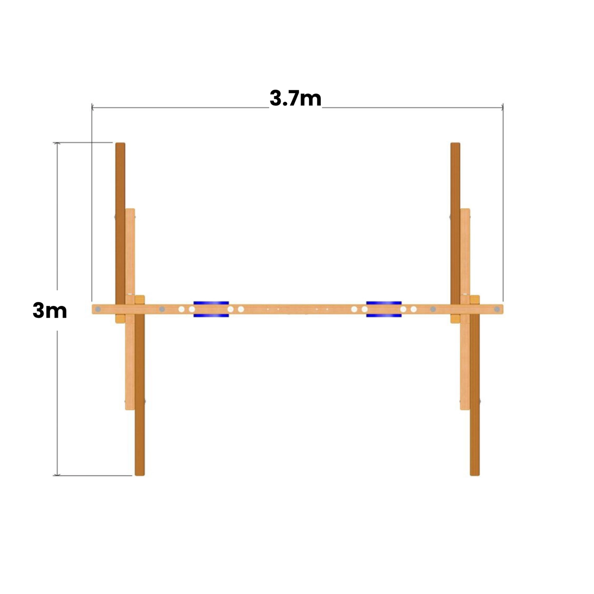 A swing set diagram on a white background with dimension labels showing 3.7 m width and 3 m depth.