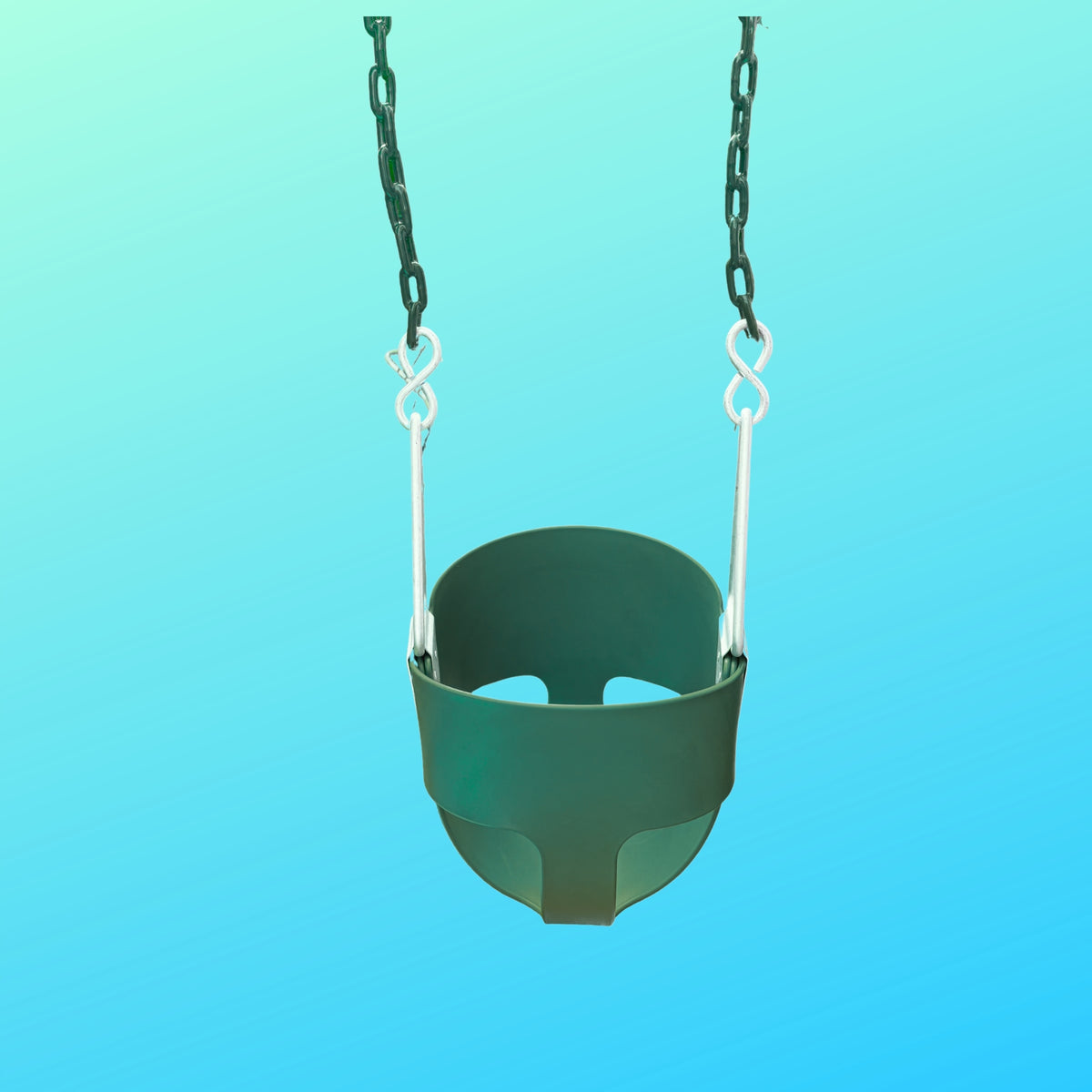 full bucket swing in a green colour with green plastisol coated chains