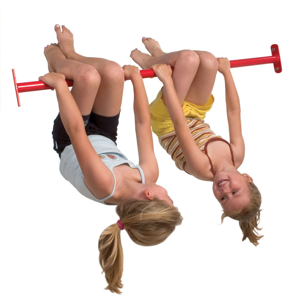 two girls tumbling on their red gymnastics bar in nz