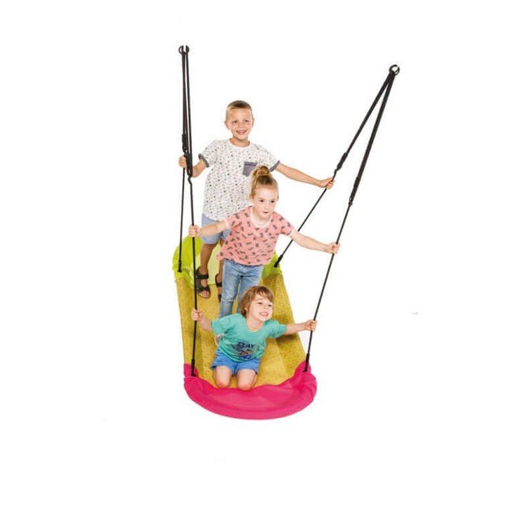 three kids swinging on pink and yellow grandoh nest swing