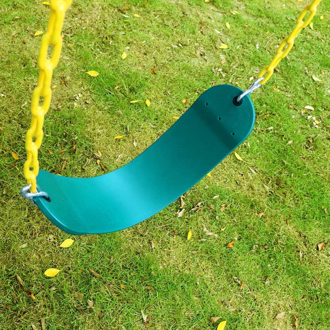 green belt swing with yellow stainless steel chains.