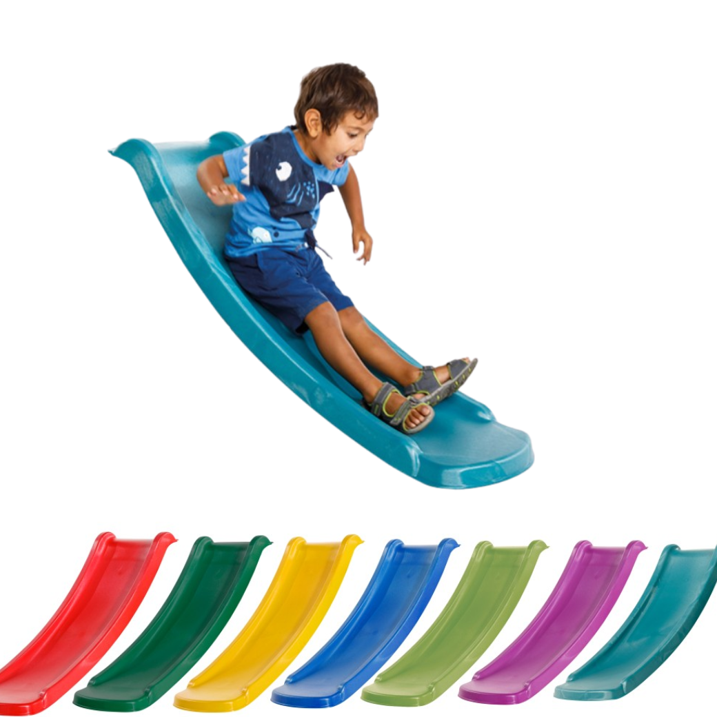 child sliding down a 60cm deck height slide. Multiple colour options also shown