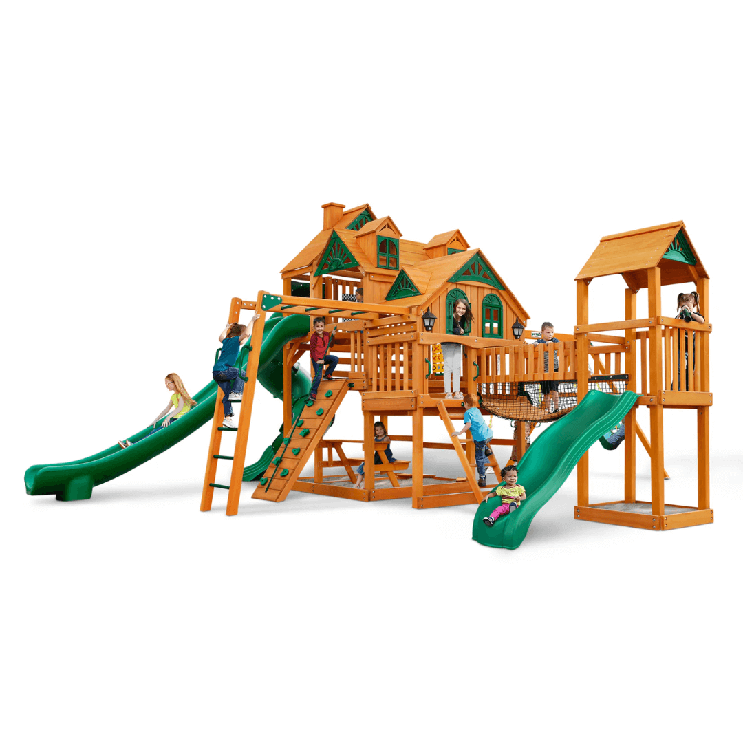 Wooden playset with multiple slides and platforms on a white background
