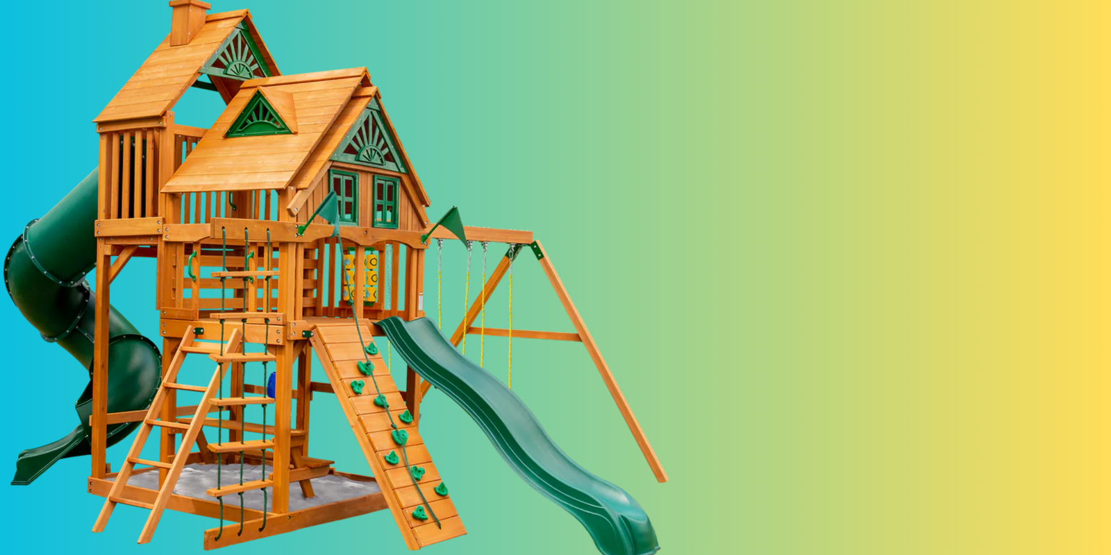 Outdoor wooden playground with green slides and swings