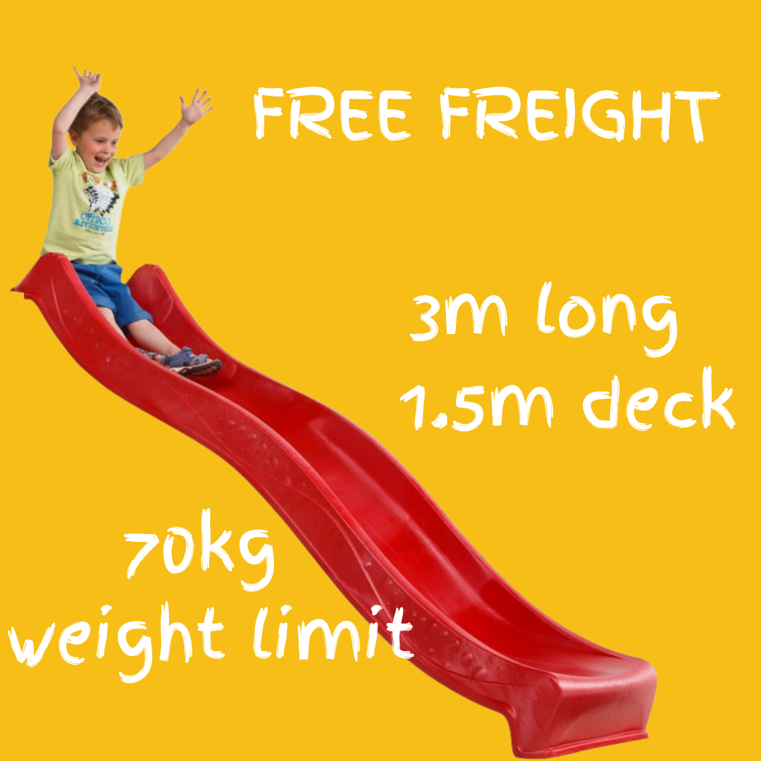 childen sliding down a red wave slide that is wm long an 1.5m deck height. has free freight