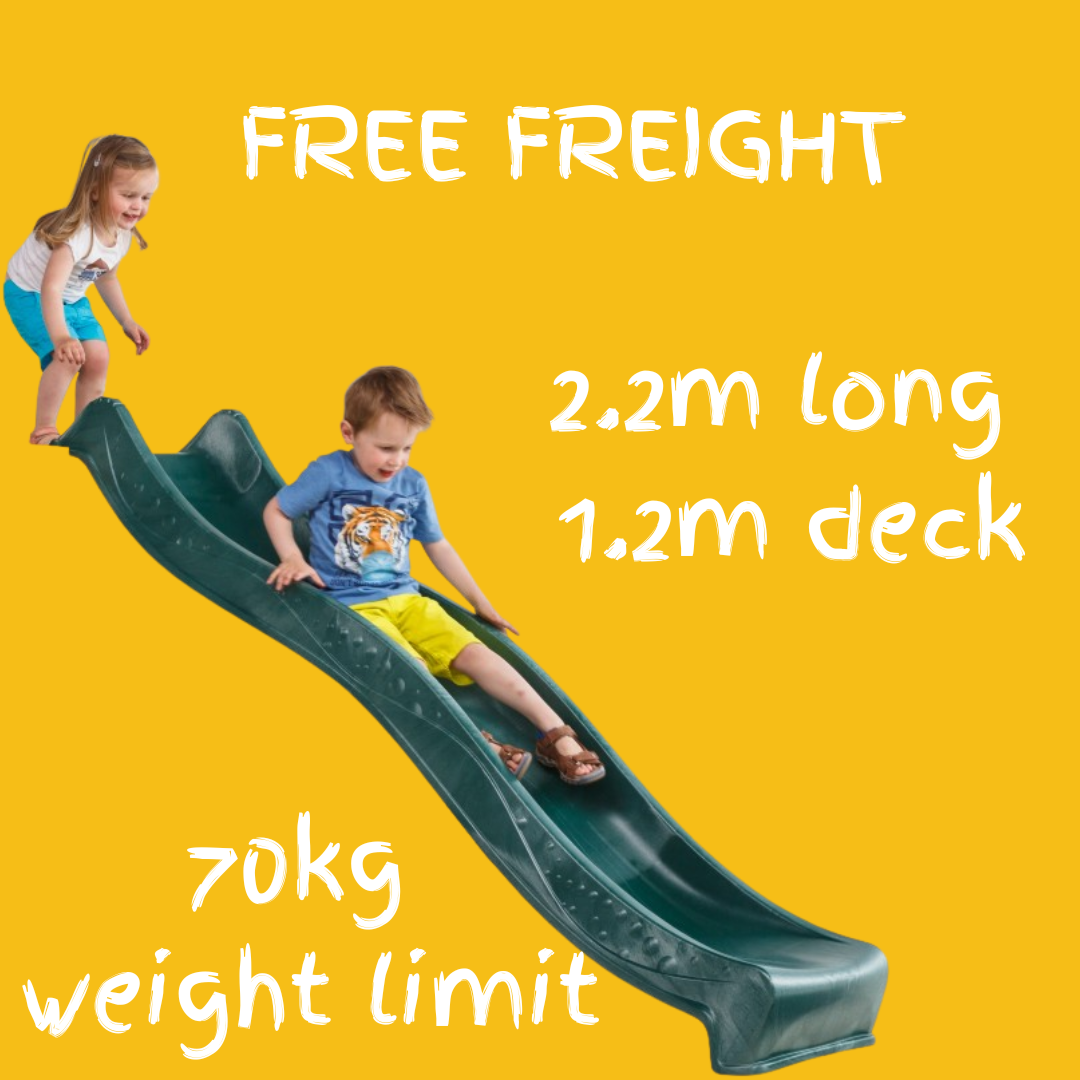 children sliding down a 2.2m long green slide with a 1.2m deck height. free freight