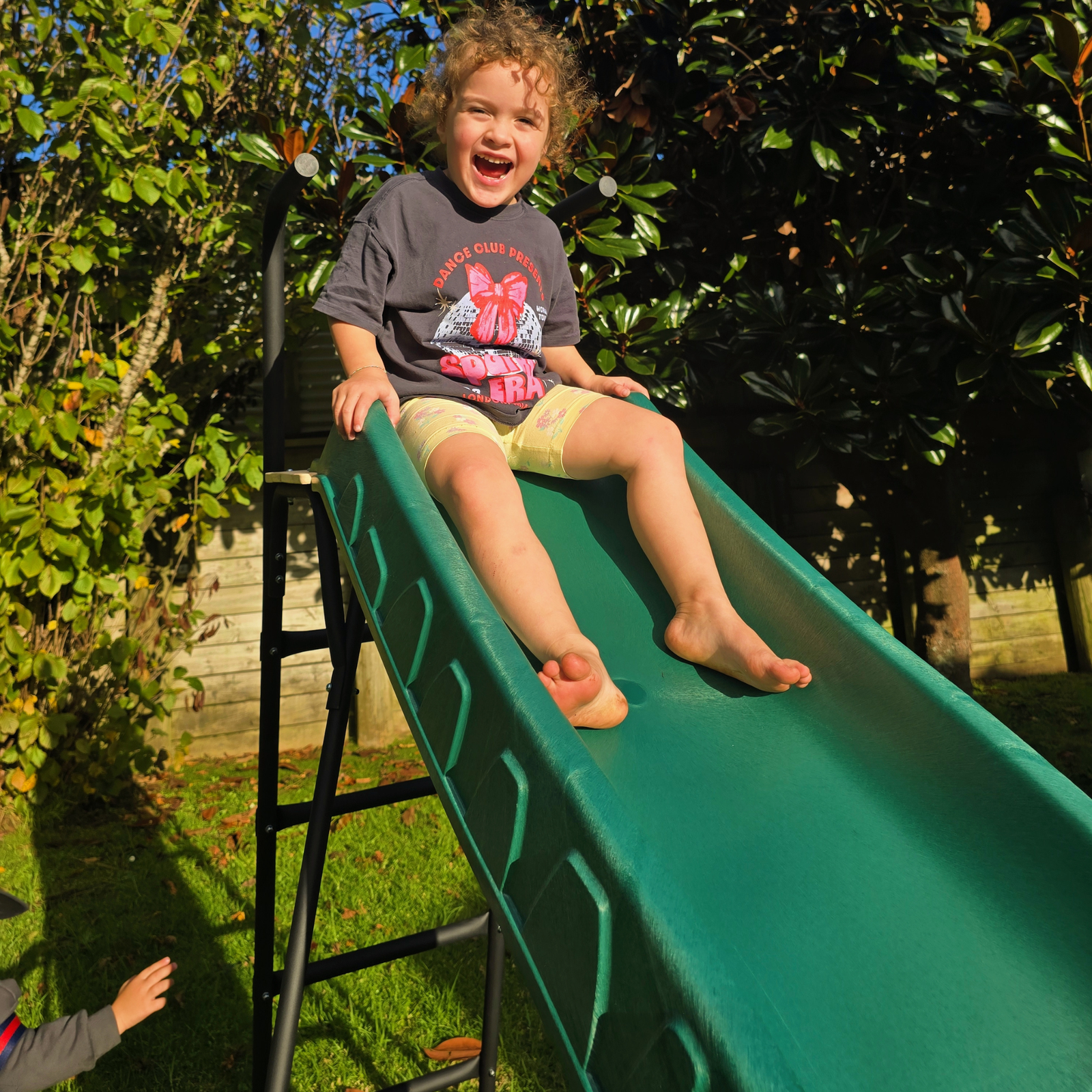 child grinning as they slide down the green slide in nz backyard