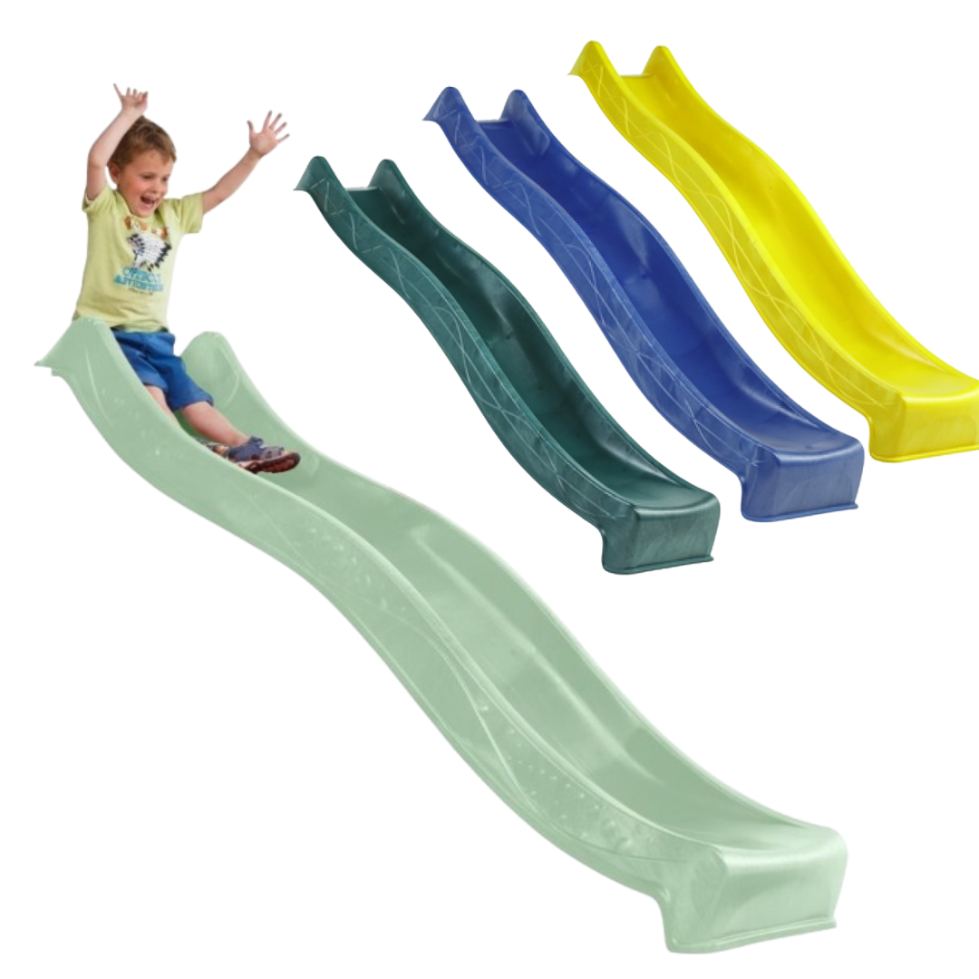 Child sliding down a pastel green slide with additional blue and yellow slides in the background.