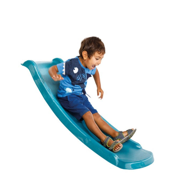 boy sliding down a turquoise slide for 60cm deck height
