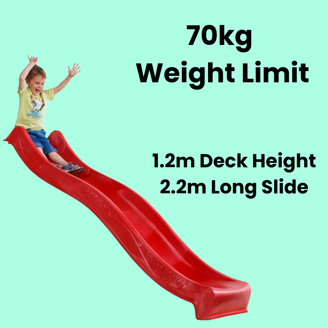 Child excitedly going down a Yulvo  red wave slide