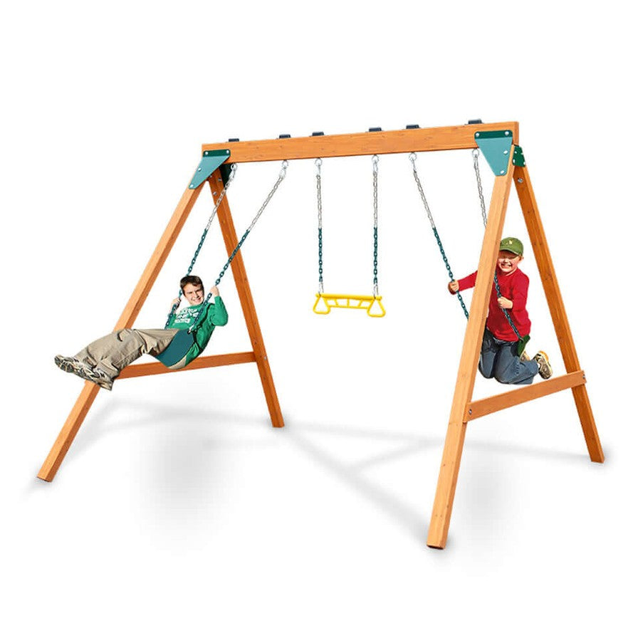 Children playing on a wooden swing set with a white background