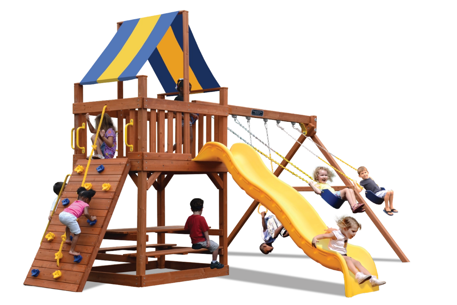 A large wooden playground structure with a yellow slide, rope swings, climbing ladder, and a blue-and-yellow striped canopy, shown with several children playing on a white background.