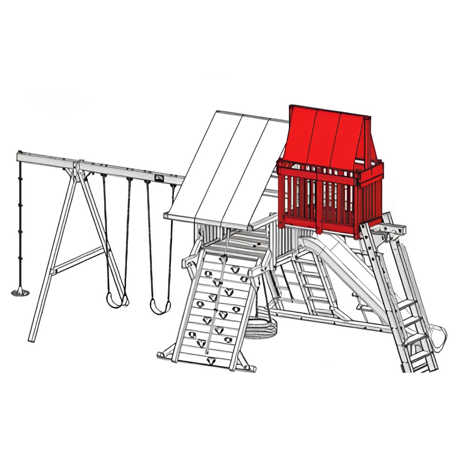 drawing of a wooden playground fort, swing set and monkey bars;  with sky loft  in red to show the added on component