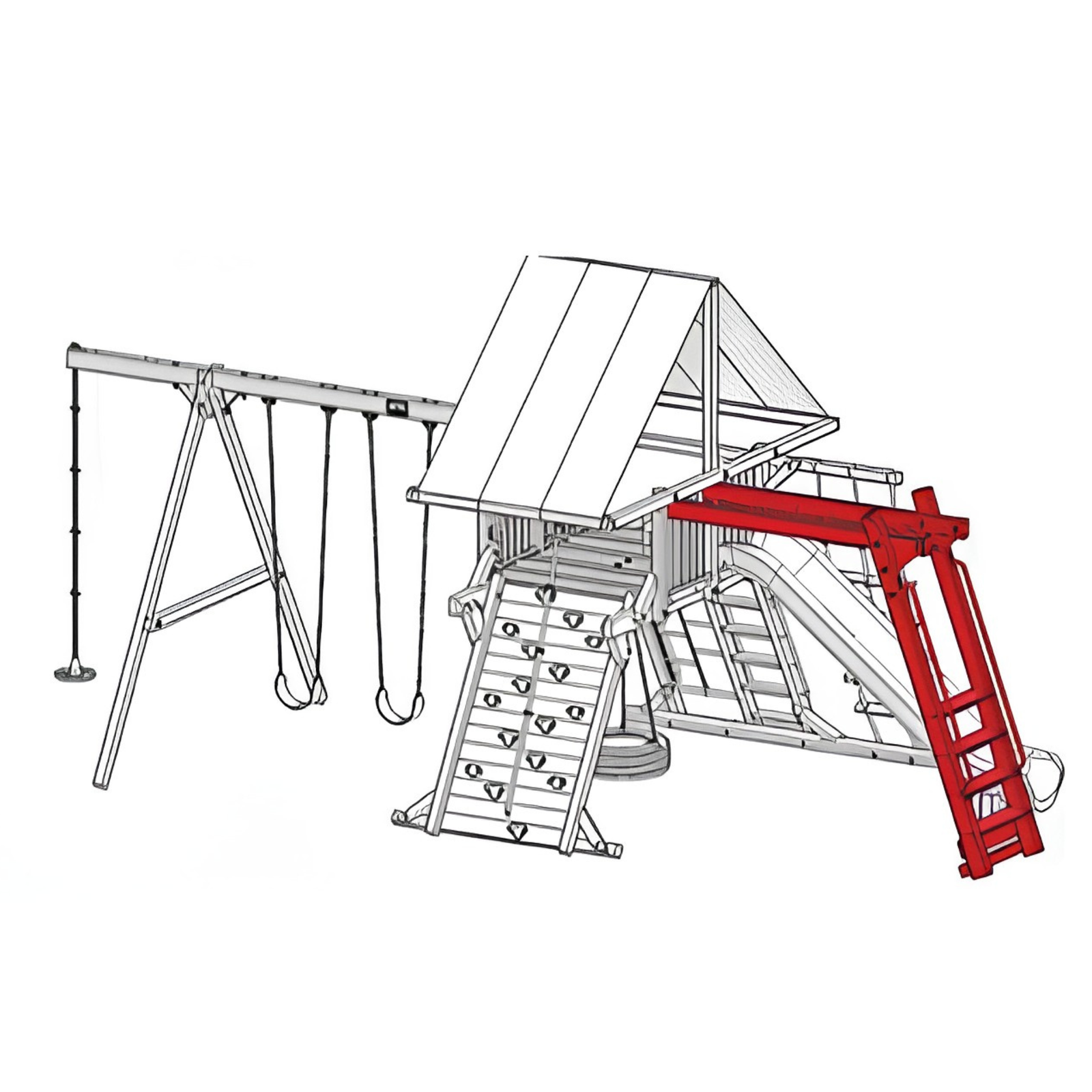 drawing of a wooden playground fort and swing set, with monkey bars in red to show the added on component