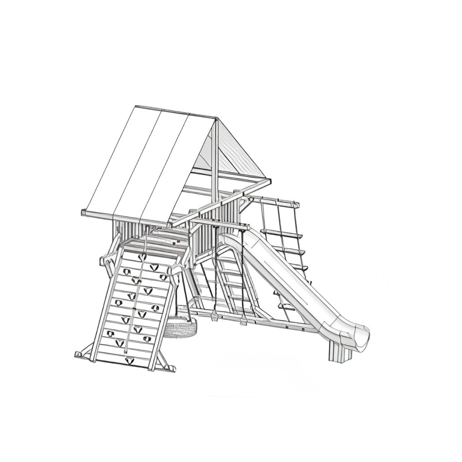 Black and white line drawing of a children's wooden playset with slide and ladder on a white background