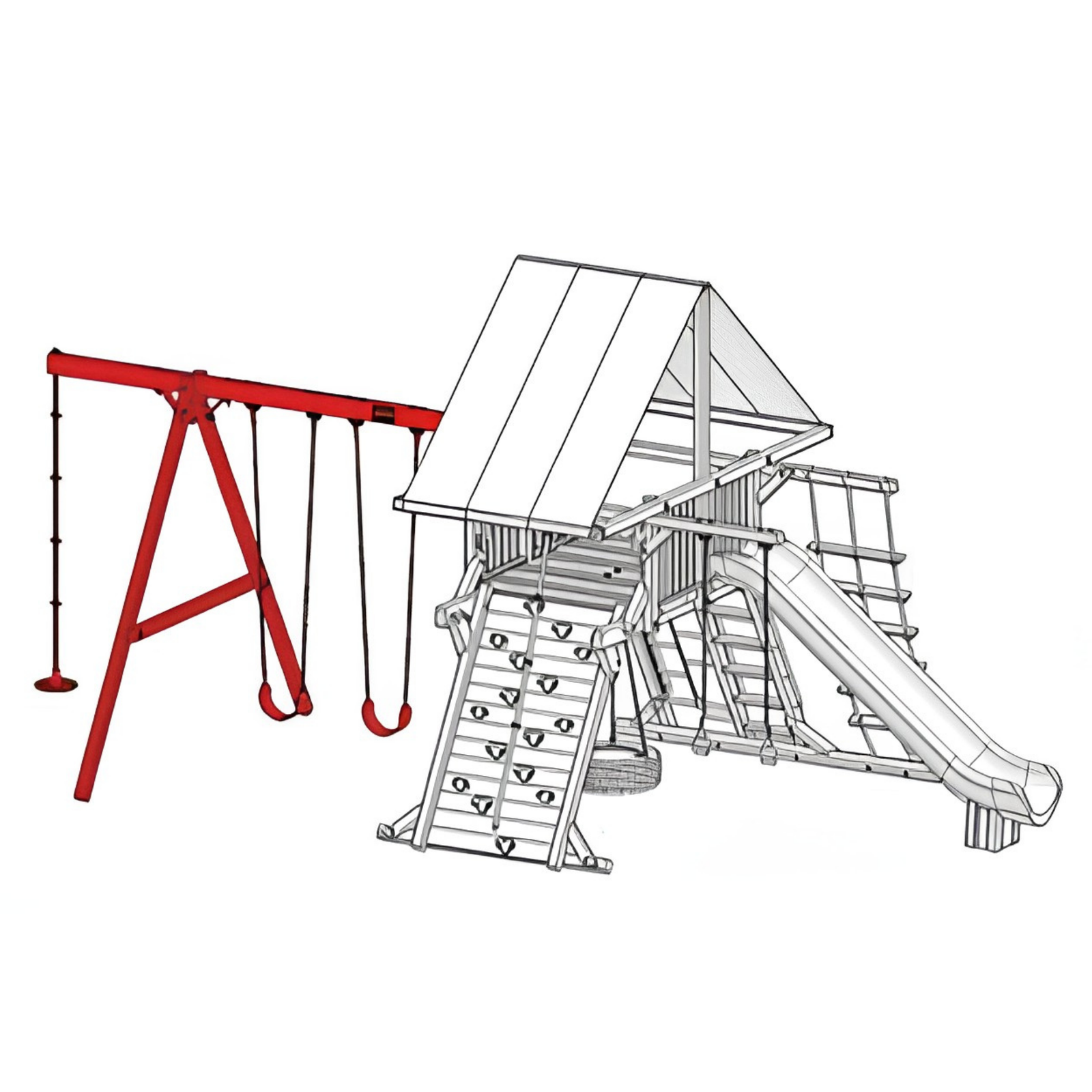 A drawing of a children's wooden playground with red swing set showing the added on part to the base model.
