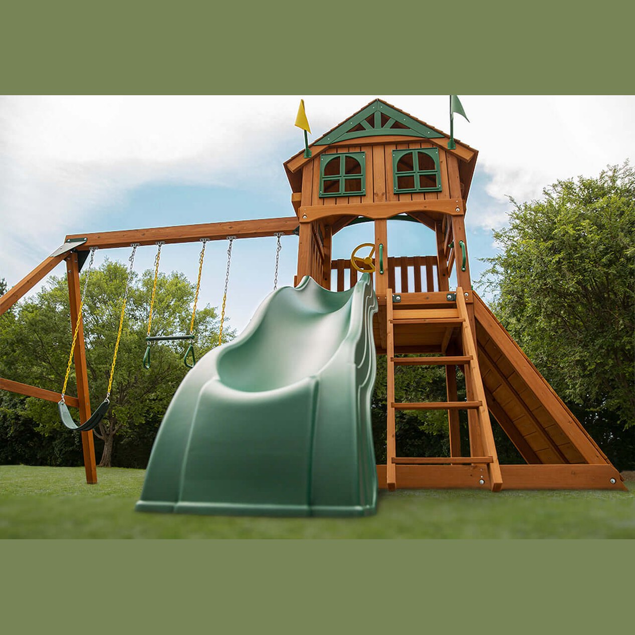 kiwi ii playground with wooden roof in nz backyard