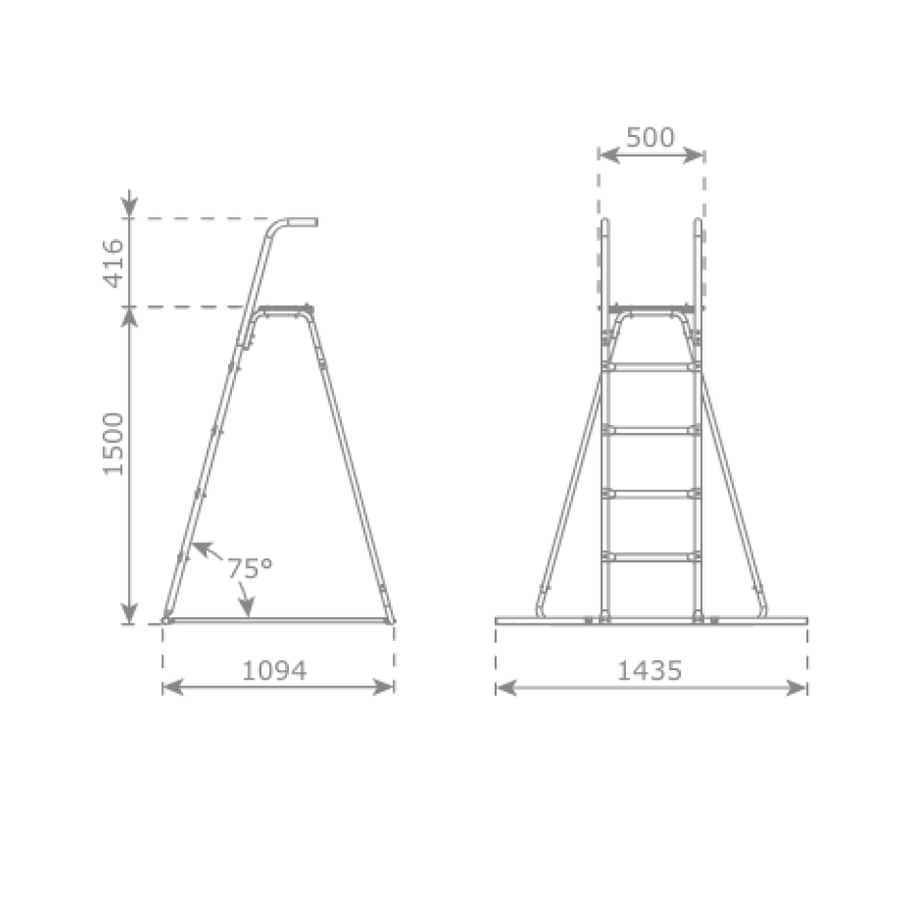 diagram showing the measurements of the ladder and platform for slide.