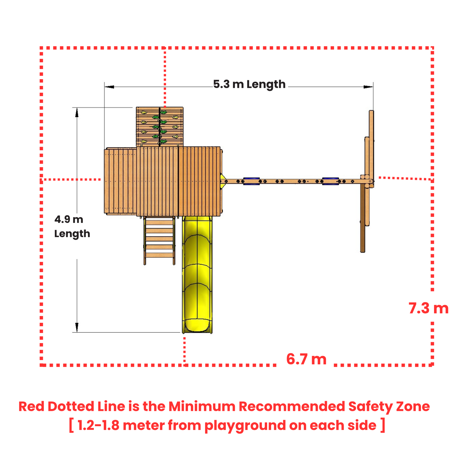A technical dimension diagram of a wooden playground structure, showing measurements in red text and a red dotted safety zone boundary on a white background.