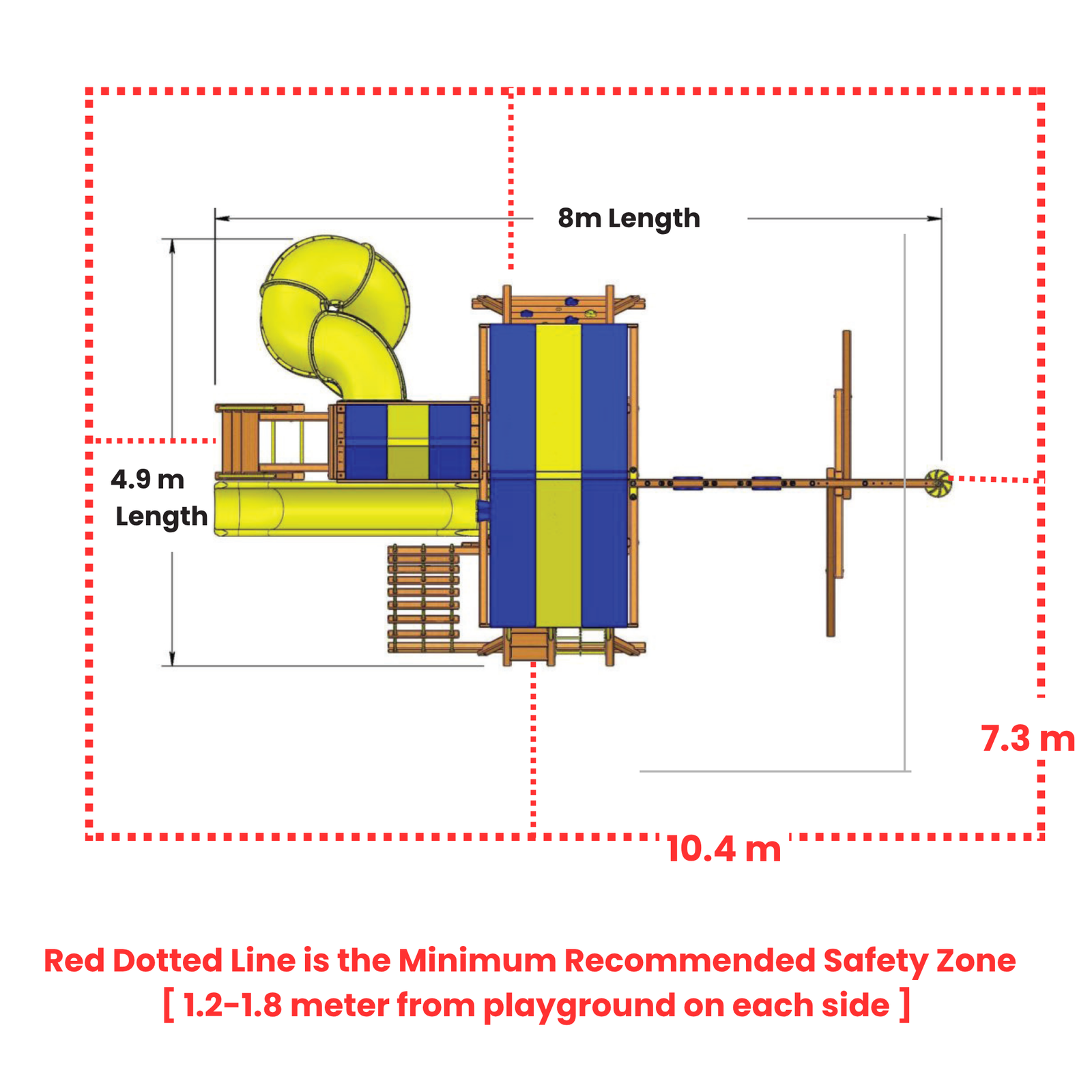 Diagram of a playground structure with dimensions and safety zone marking