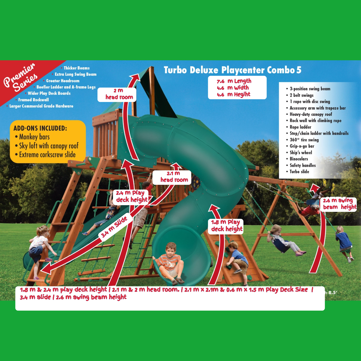 Turbo Deluxe Playcenter Combo 5 with features and dimensions labeled on a green background