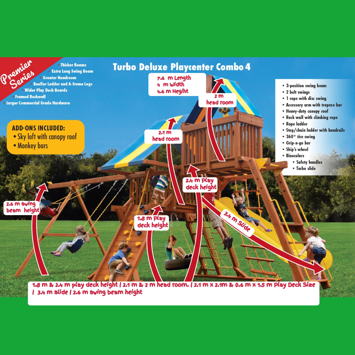 Turbo Deluxe Playcenter Combo 4 with dimensions and features on a green background