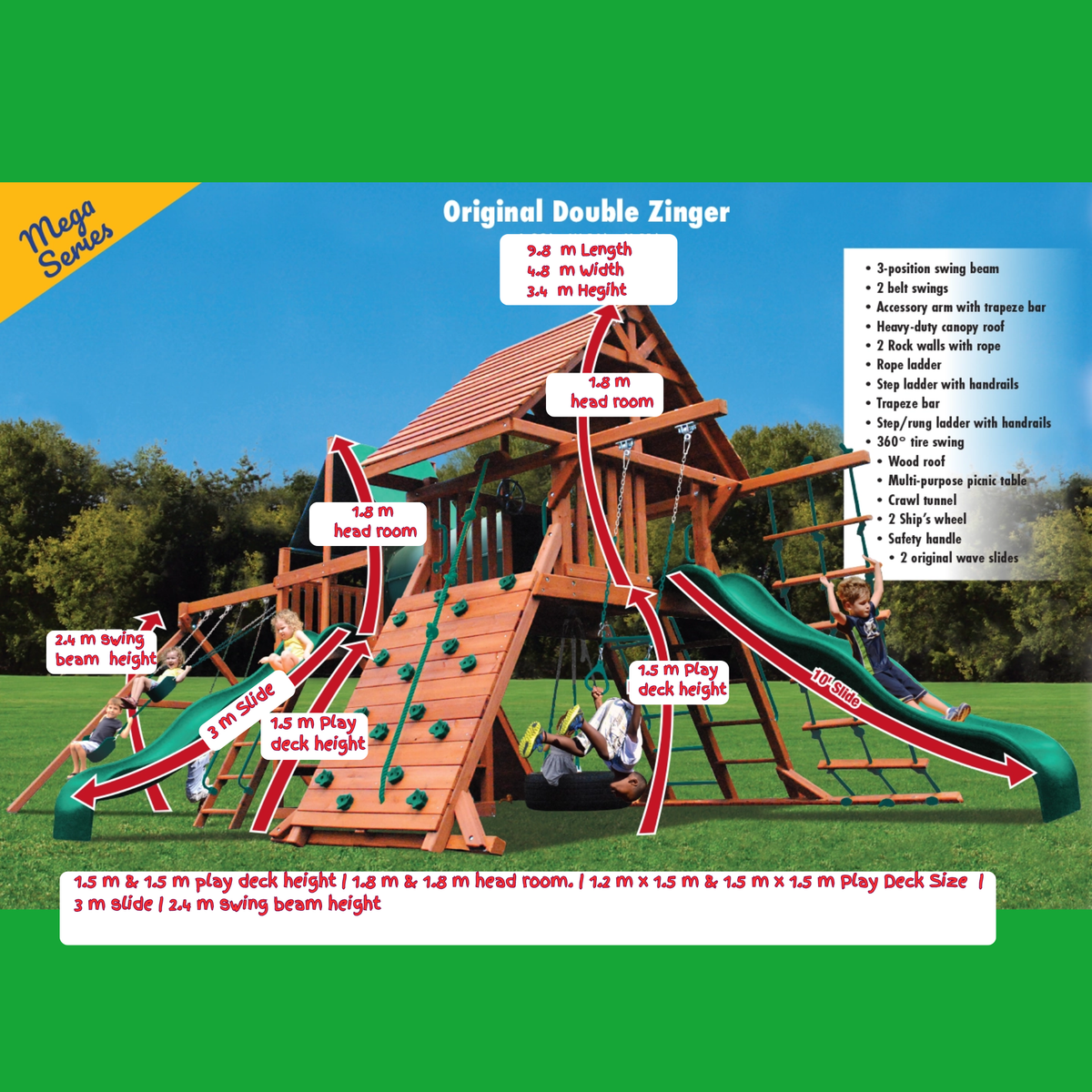 Wooden playground structure with slides and swings, labeled dimensions on a green background.