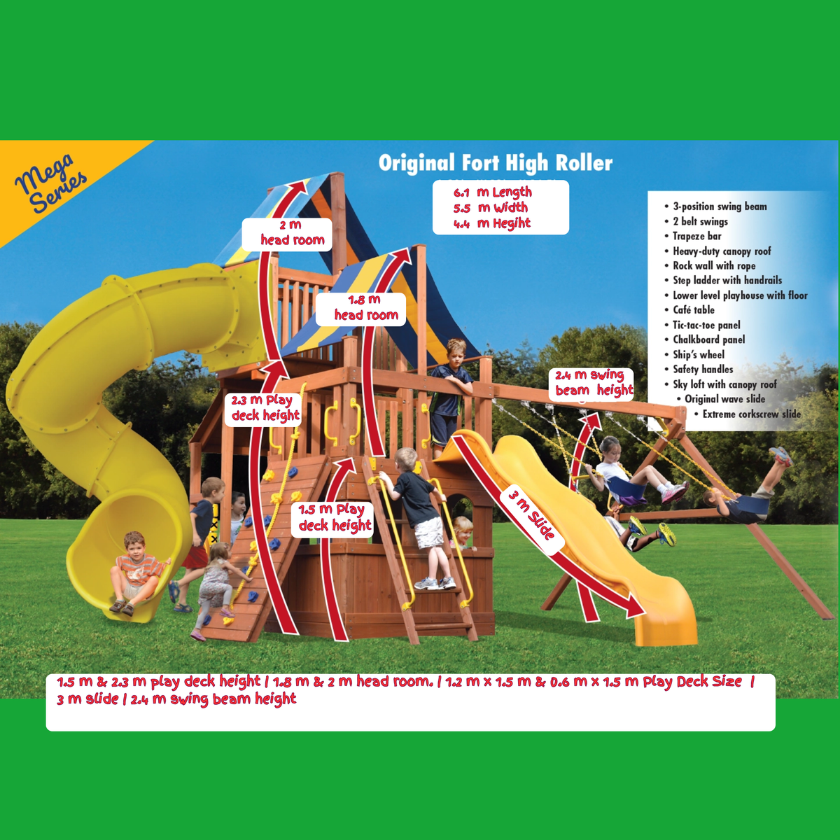 Playground structure with slides and climbers, labeled with dimensions and features, on a green background.