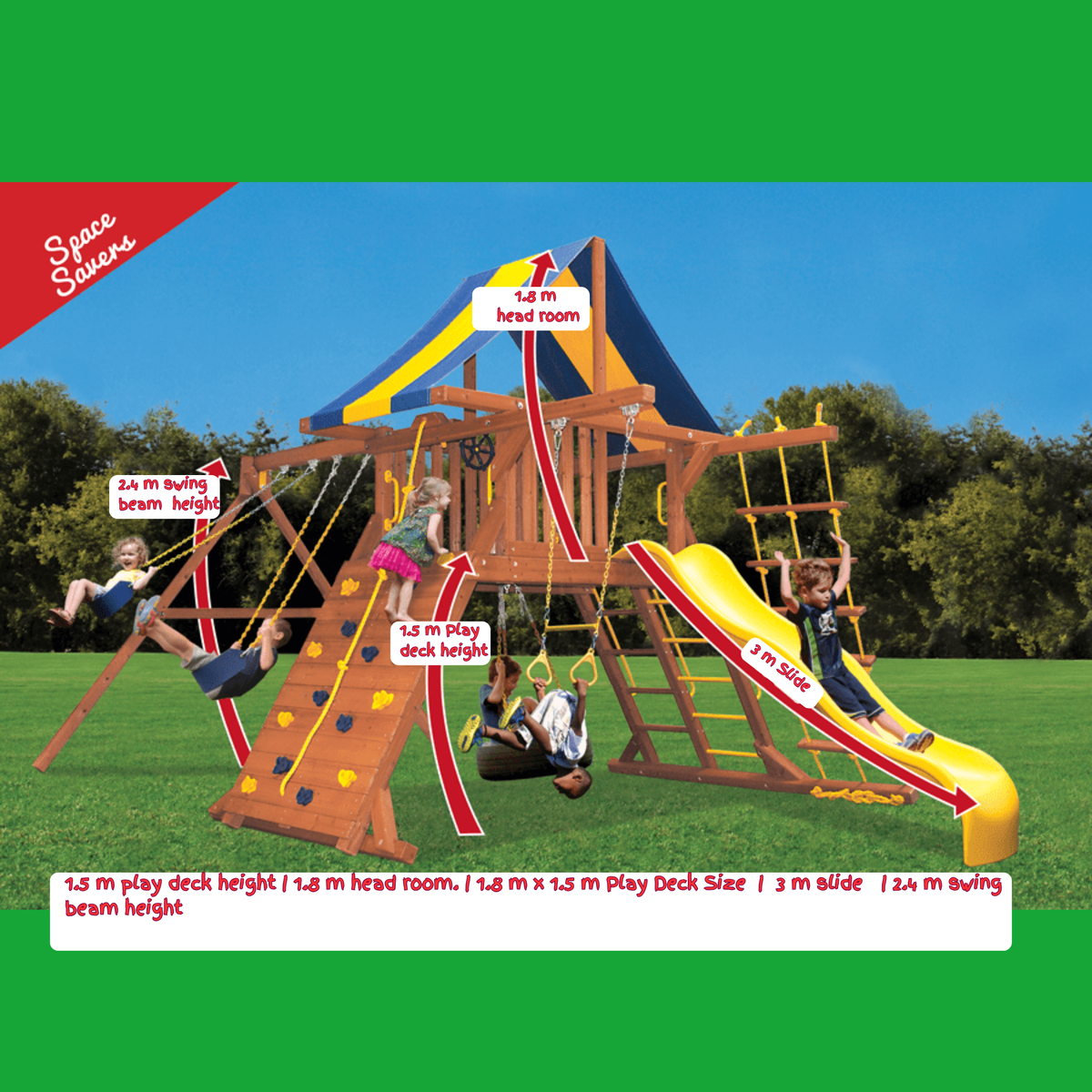 A large wooden backyard playground with a yellow slide, climbing ladder, rope swings, and a blue canopy, shown outdoors on grass with trees and sky. Red arrows and text labels indicate heights 