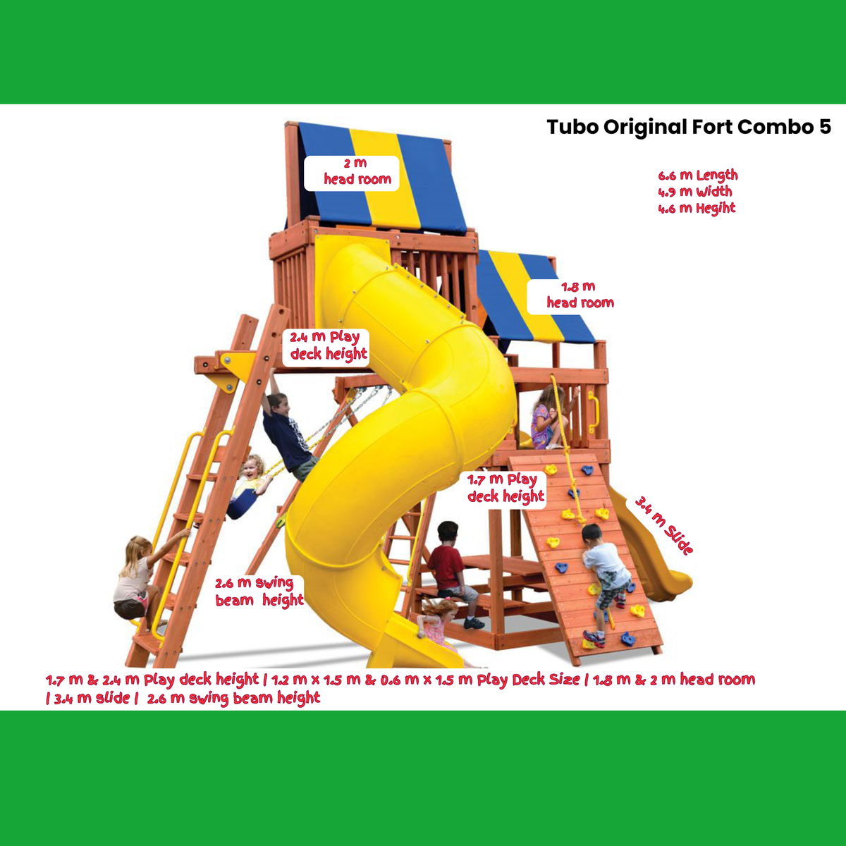 A wooden children's playground labeled 'Tubo Original Fort Combo 5' on a white background with green borders. The product includes a yellow spiral slide, climbing walls, ladder, swing set, and play deck, with multiple children climbing and playing.