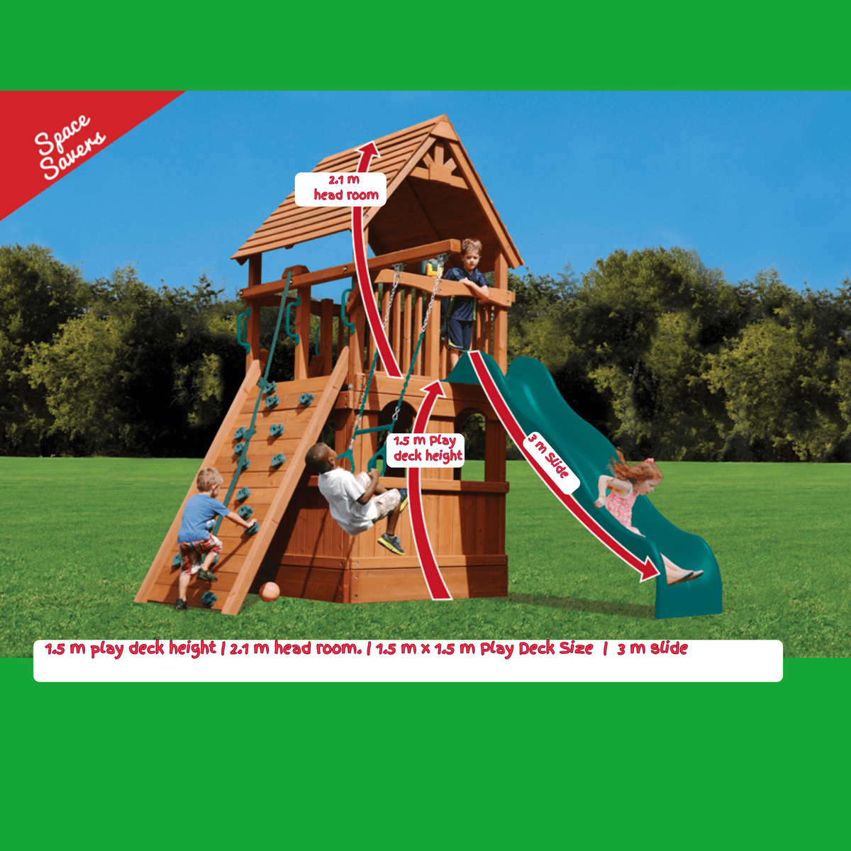 A wooden backyard playset with a climbing ladder, headroom, play deck, slide, and children playing on it, shown outdoors on grass with trees and a blue sky. Red arrows and text labels indicate heights of the playset, and a green banner at the bottom includes product dimensions.