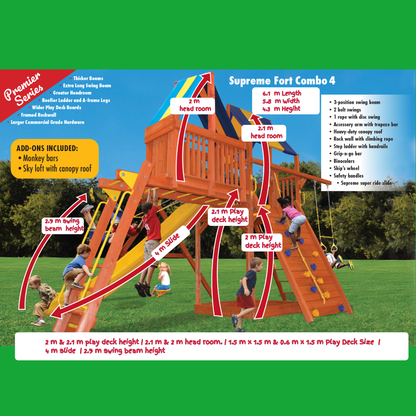 Children playing on a colorful playground set with a blue sky and green grass background.