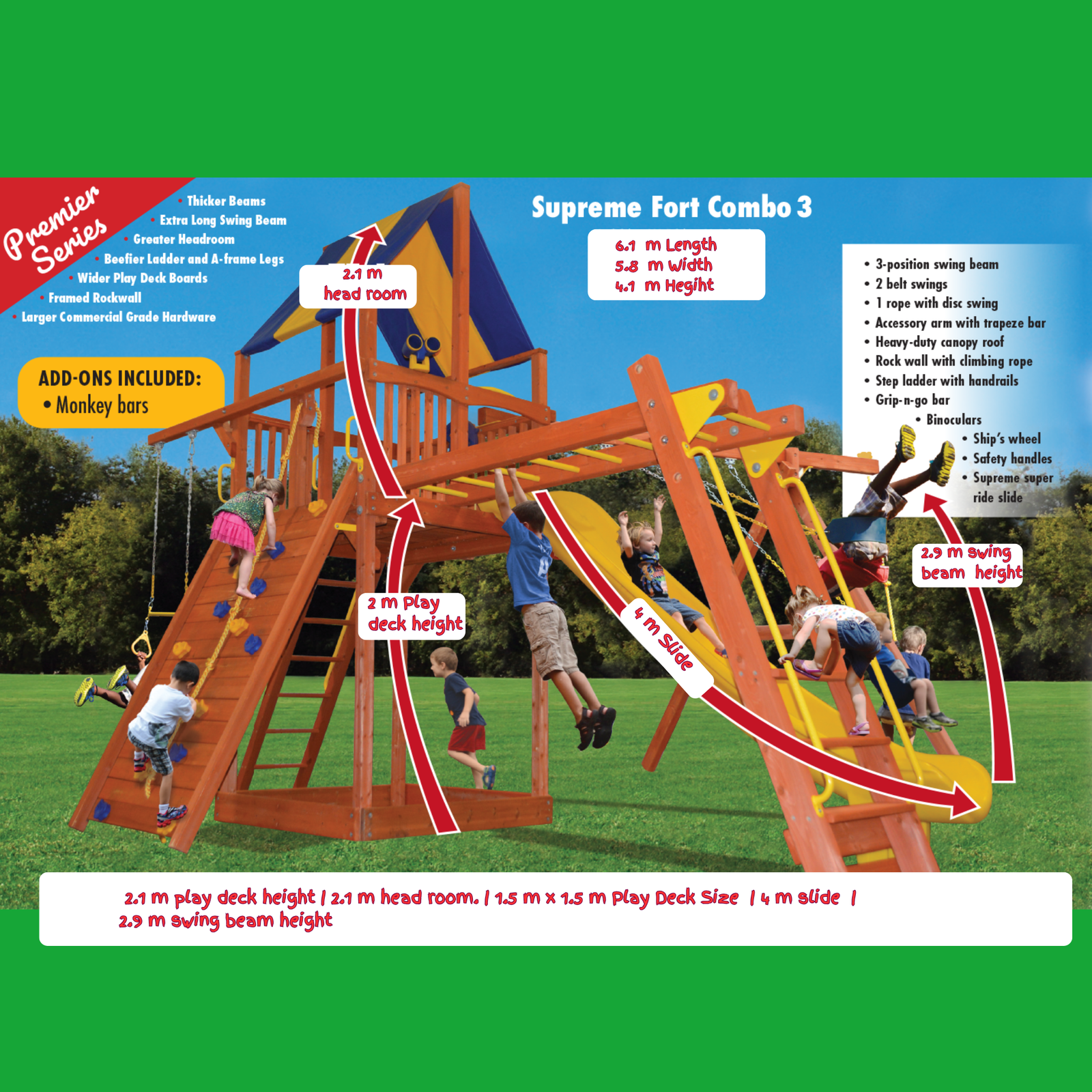 Children playing on a colorful playground set with slides, swings and monkey bars
