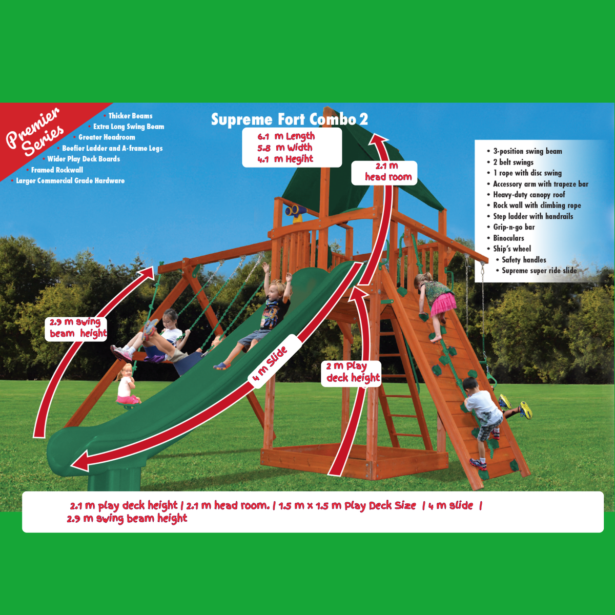 Children playing on a wooden playground set with slide and climbing structure, labeled dimensions on a green background.