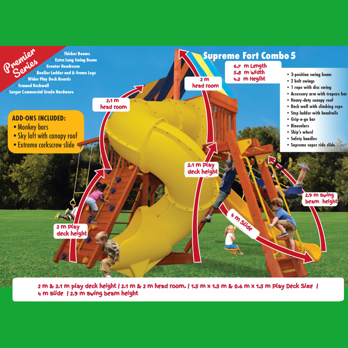 Playground slide and climbing structure with dimensions and features labeled, set against a green background.