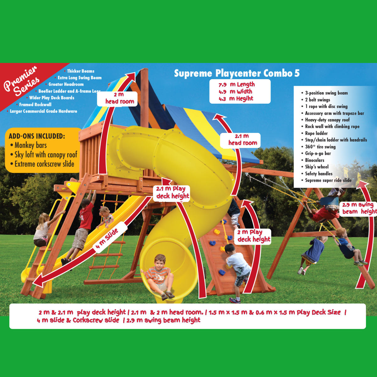 Supreme Playcentre combo 5 playground structure with measurements and features on a green background